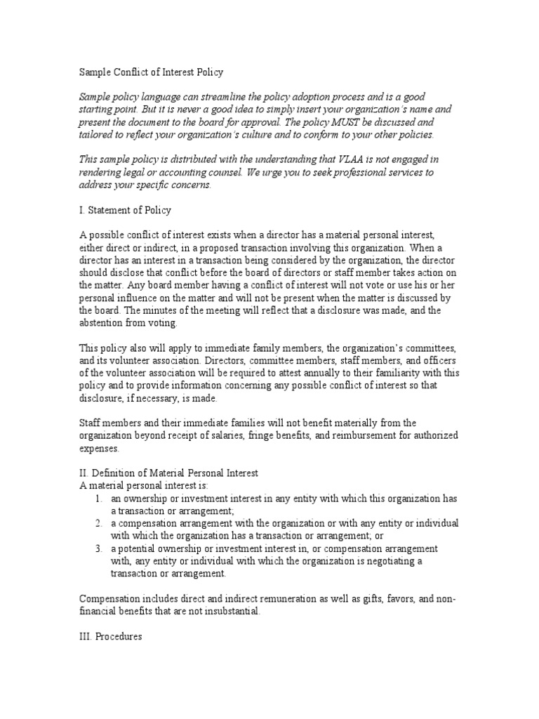 Sample Conflict of Interest Policy | PDF | Conflict Of Interest ...
