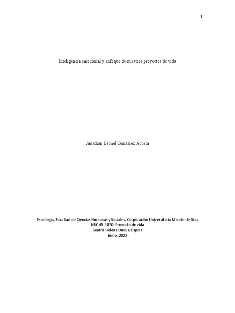 Inteligencia Emocional y Enfoque de Nuestros Proyectos de Vida | PDF