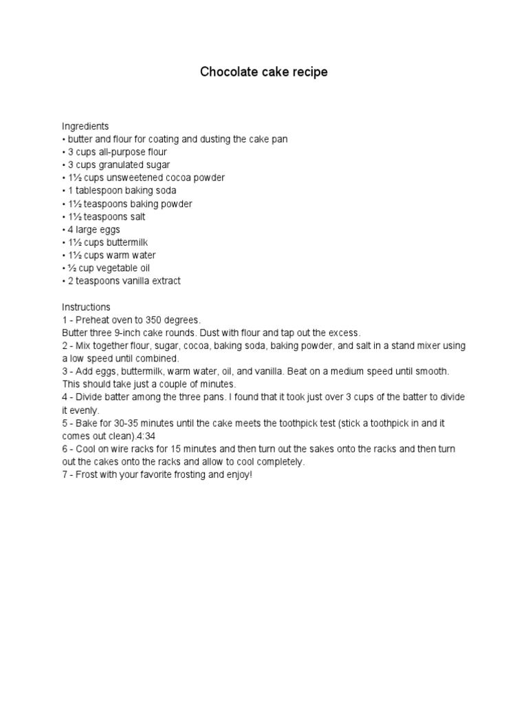 Chocolate Cake Recipe Instructions | PDF
