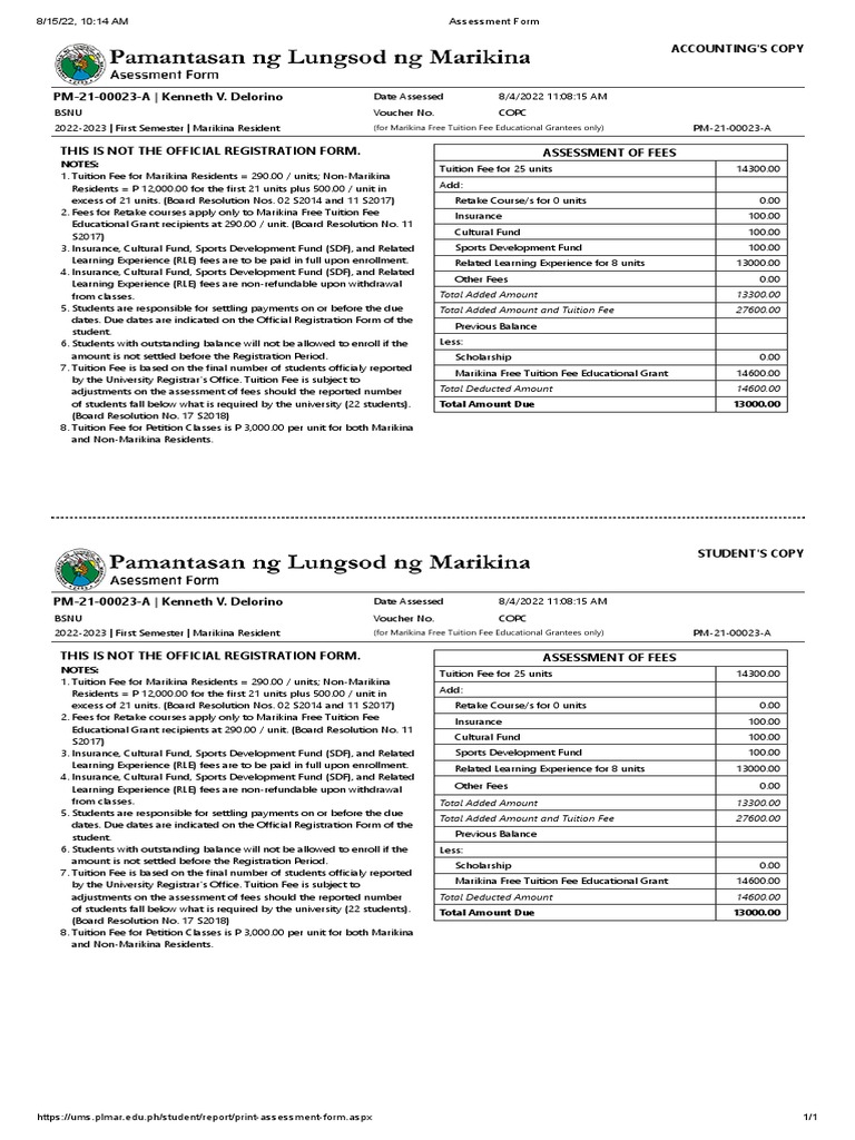 Assessment Form | PDF | Fee | Tuition Payments