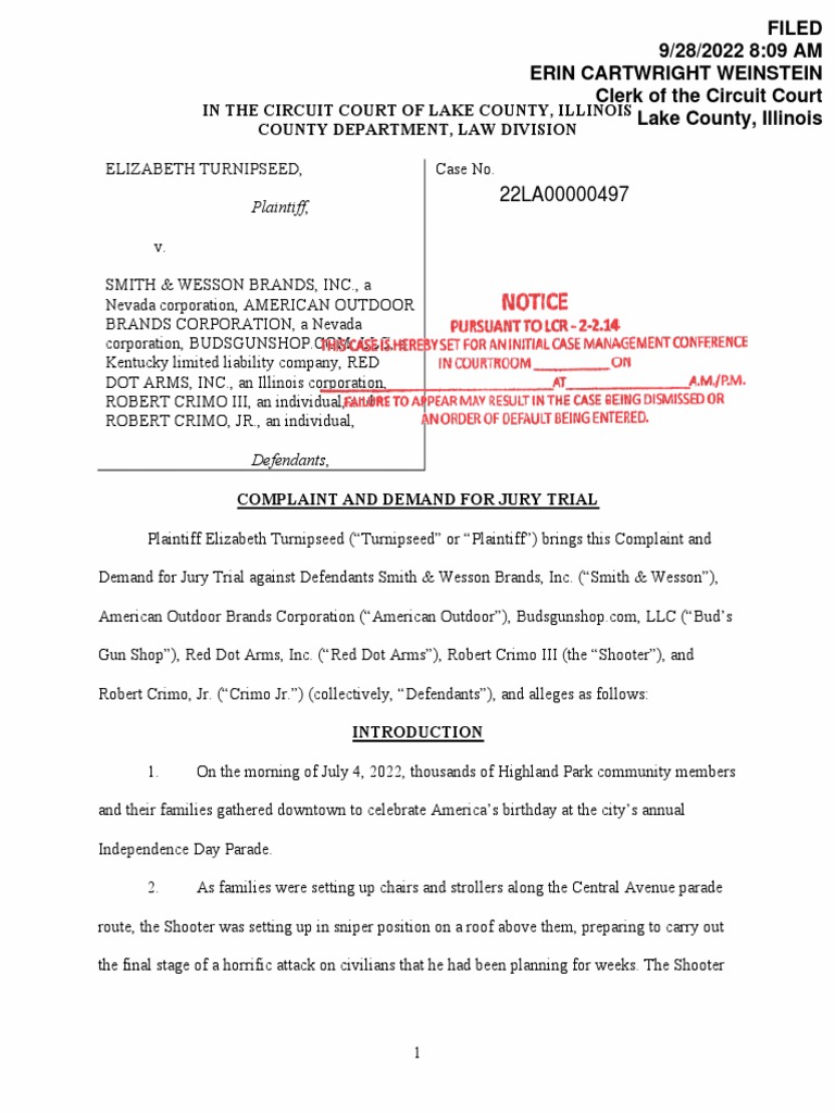 Turnipseed v. Smith & Wesson Complaint Re Highland Park 4th of July