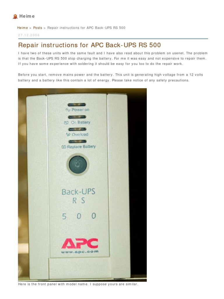 Repair Instructions For Apc Back Ups Rs 500 Heime Capacitor Resistor