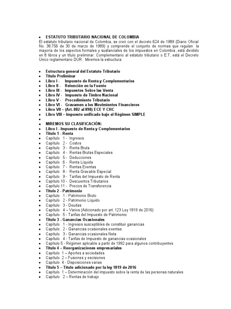 Estatuto Tributario Nacional de Colombia PDF Impuestos Impuesto