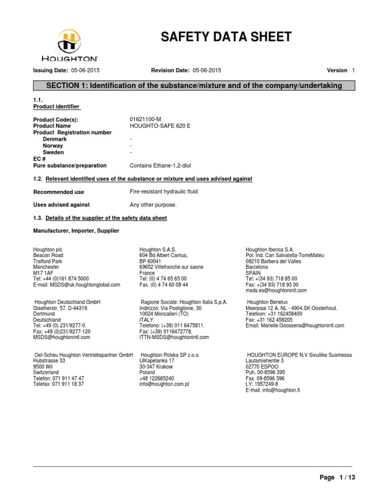 Houghto-Safe 620 E Safety Data Sheet | PDF | Dangerous Goods | Personal ...