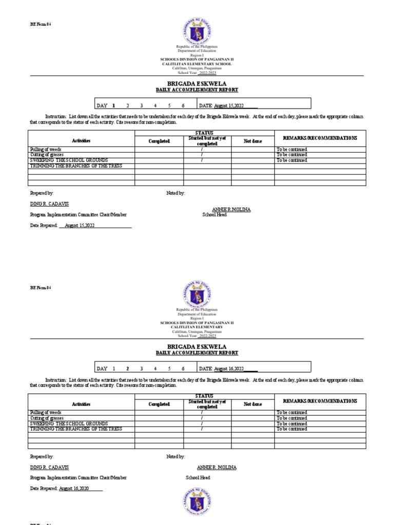BE Form 6 - DAILY ACCOMPLISHMENT REPORT | PDF | Philippines