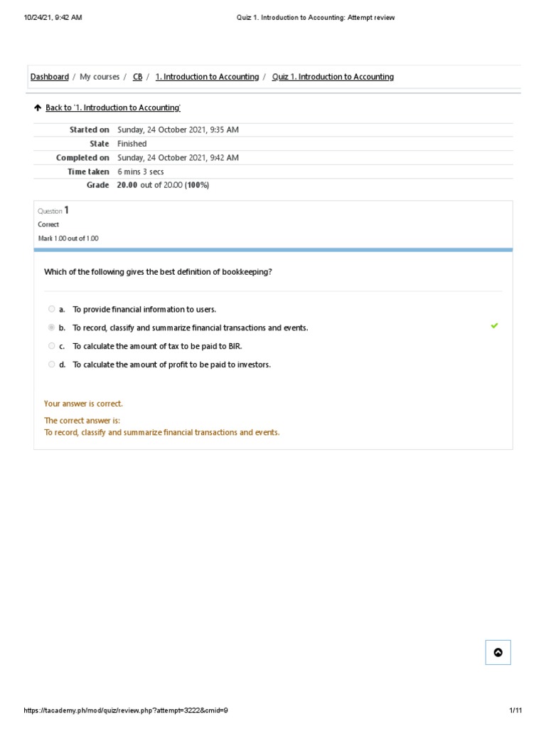 Quiz 1. Introduction To Accounting Attempt Review PDF Accounting
