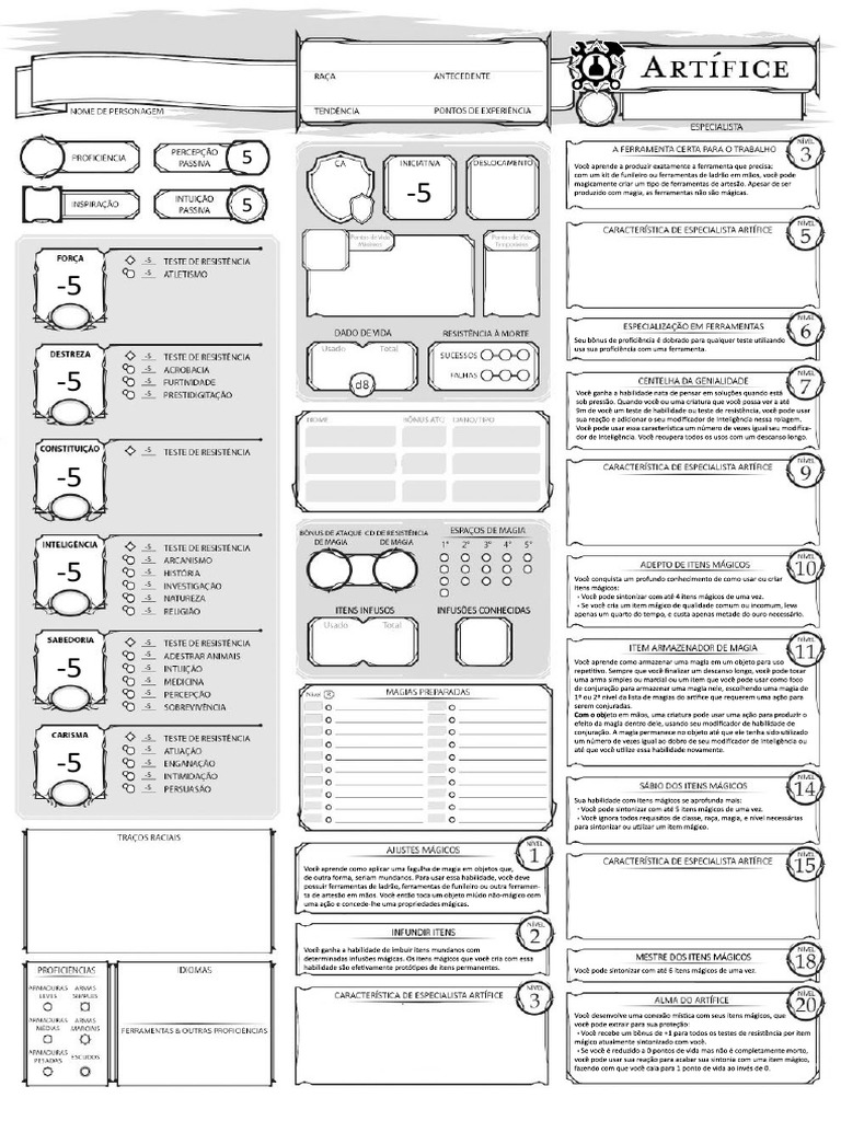 DND 5e Ficha A4 Artífice Editável PDF