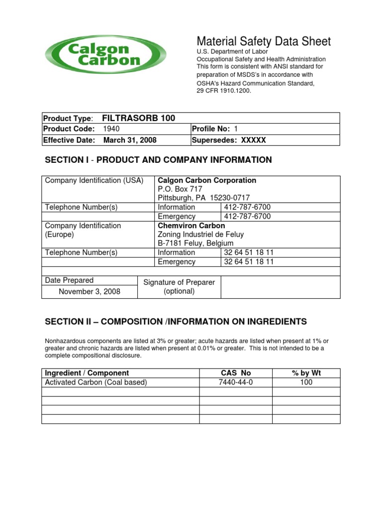 MSDS for FILTRASORB 100 Activated Carbon | PDF | Dangerous Goods ...