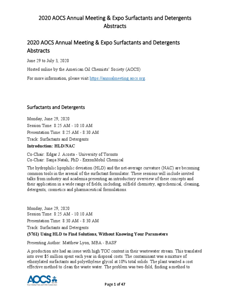 AOCS Annual Meeting 2020 Surfactants Detergents Abstracts PDF