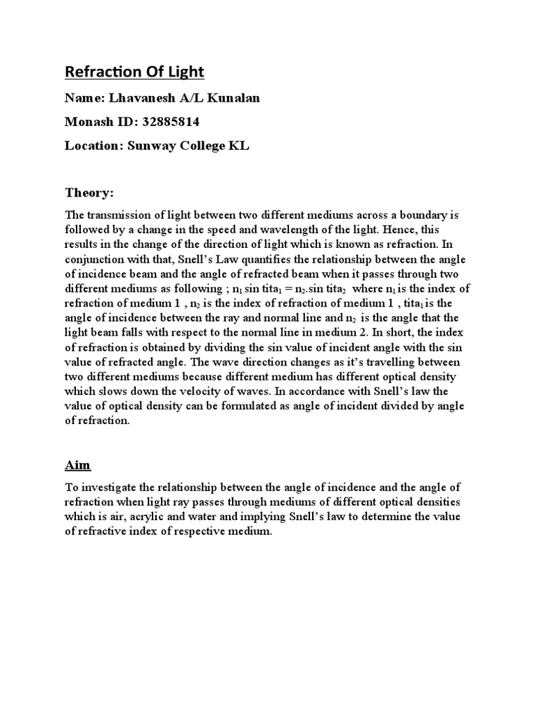 Lab Report (Refraction) PDF Refraction Refractive Index