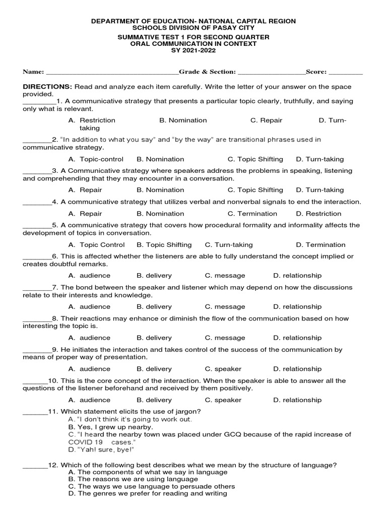 01 Grade 11 12 Oral Comm Q2 - Summative Test Final | PDF ...