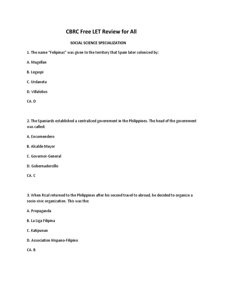 CBRC Social Science LET Reviewer | PDF | Philippines