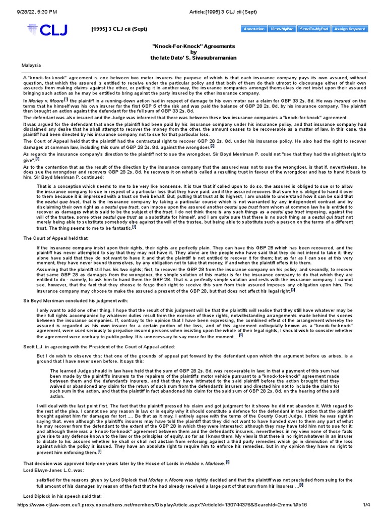 Knock For Knock Agreement PDF Assignment (Law) Damages