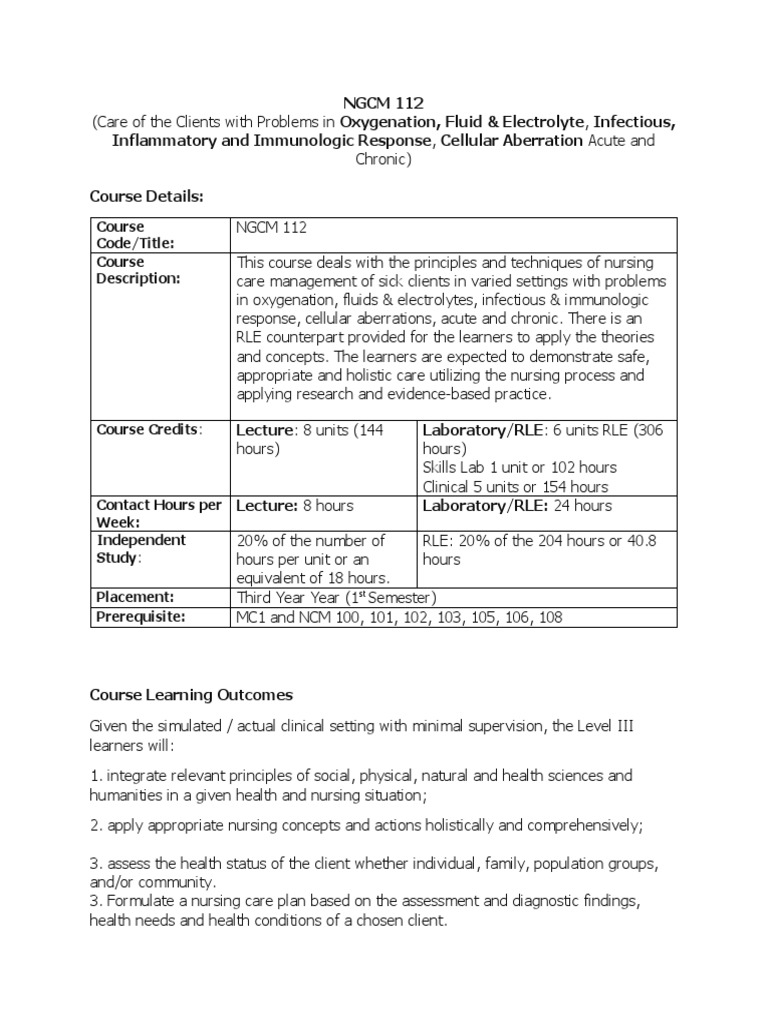NCM 112 Course Overview and Outcomes | PDF | Respiratory Diseases | Nursing
