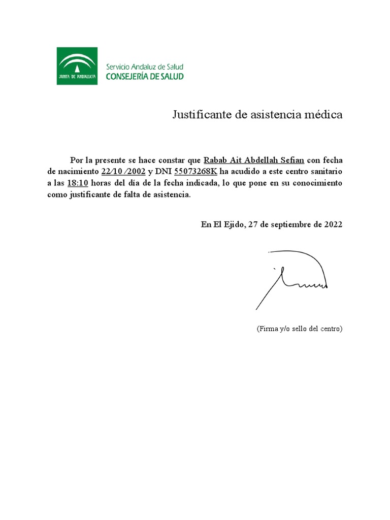 Justificante De Asistencia Médica Firma Yo Sello Del Centro Pdf