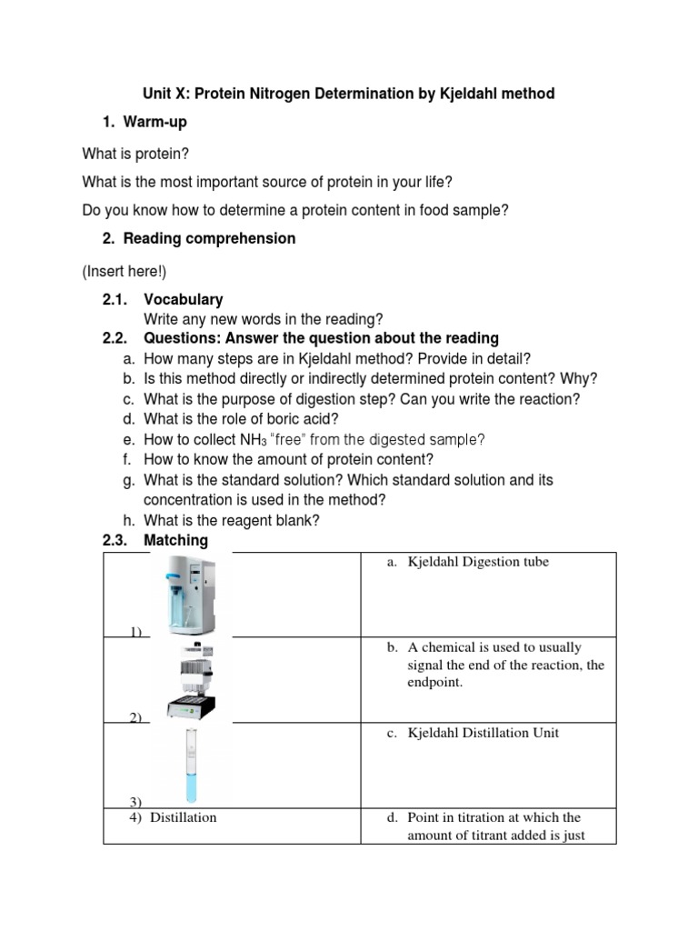 Unit X Protein Nitrogen Determination by Kjeldahl Method 1. WarmUp