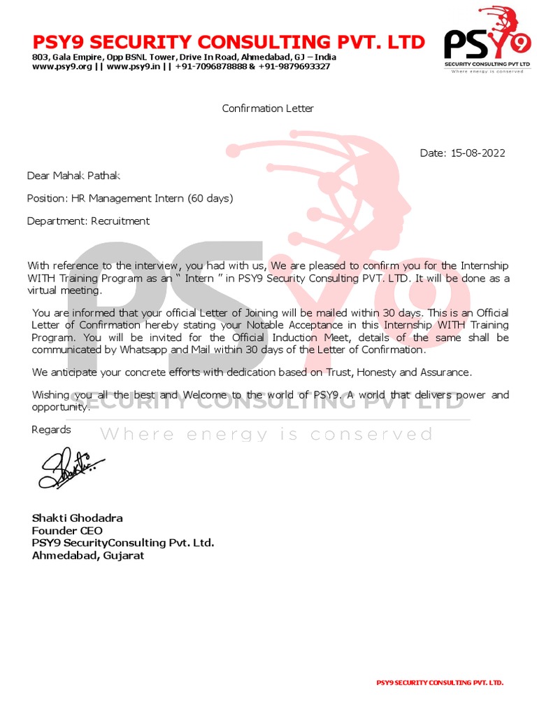 Confirmation Letter Mahak Pathak PSY9 Security Consulting PDF