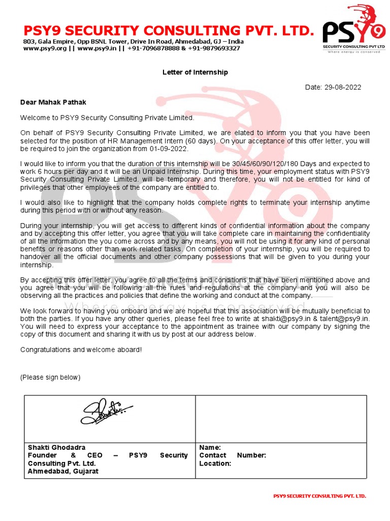 Internship Offer at PSY9 Security | PDF | Internship | Job Hunting