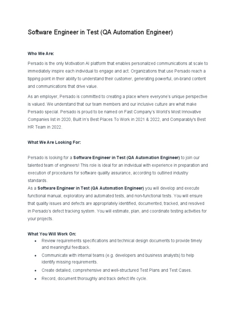 Software Engineer in Test (QA Automation Engineer) Job Description