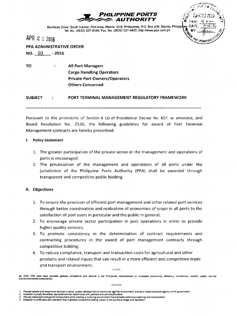 PPA AO 03-2016 Port Terminal Management Regulatory Framework | PDF