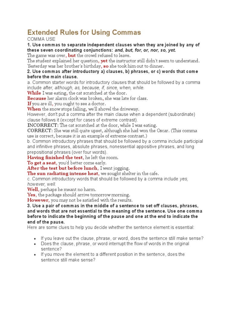 Extended rules for using commas pdf adjective subject grammar 