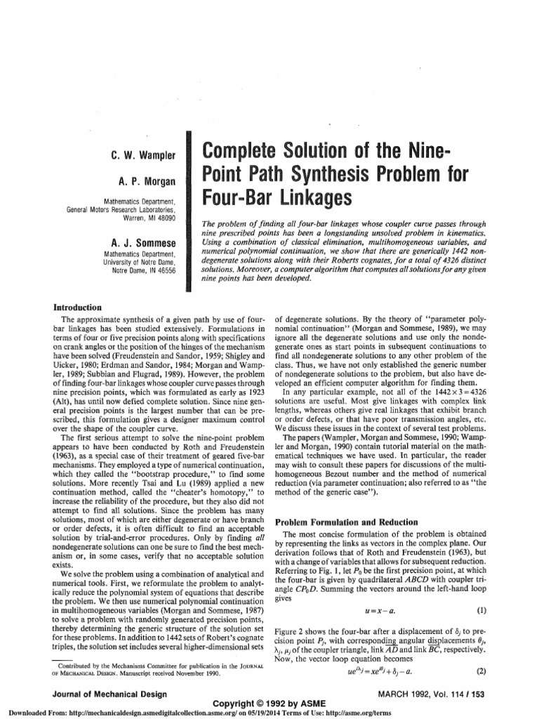 Complete Solution of The Nine - Point Path Synthesis Problem For Four ...