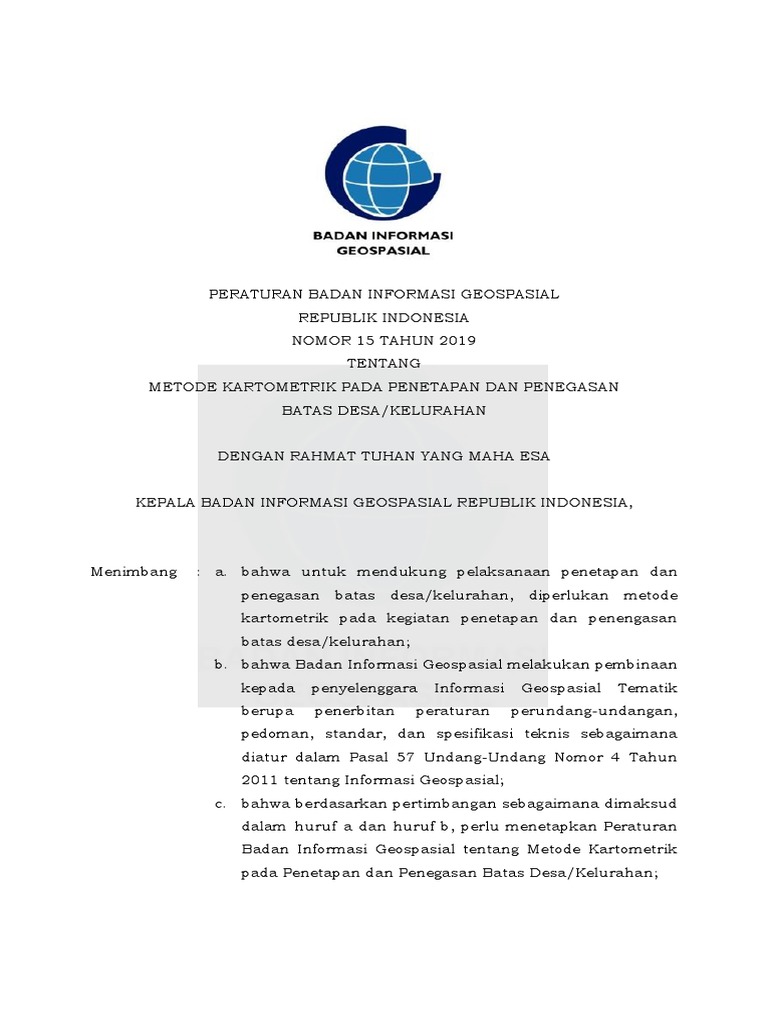 Peraturan Badan Informasi Geospasial Republik Indonesia Nomor 15 Tahun