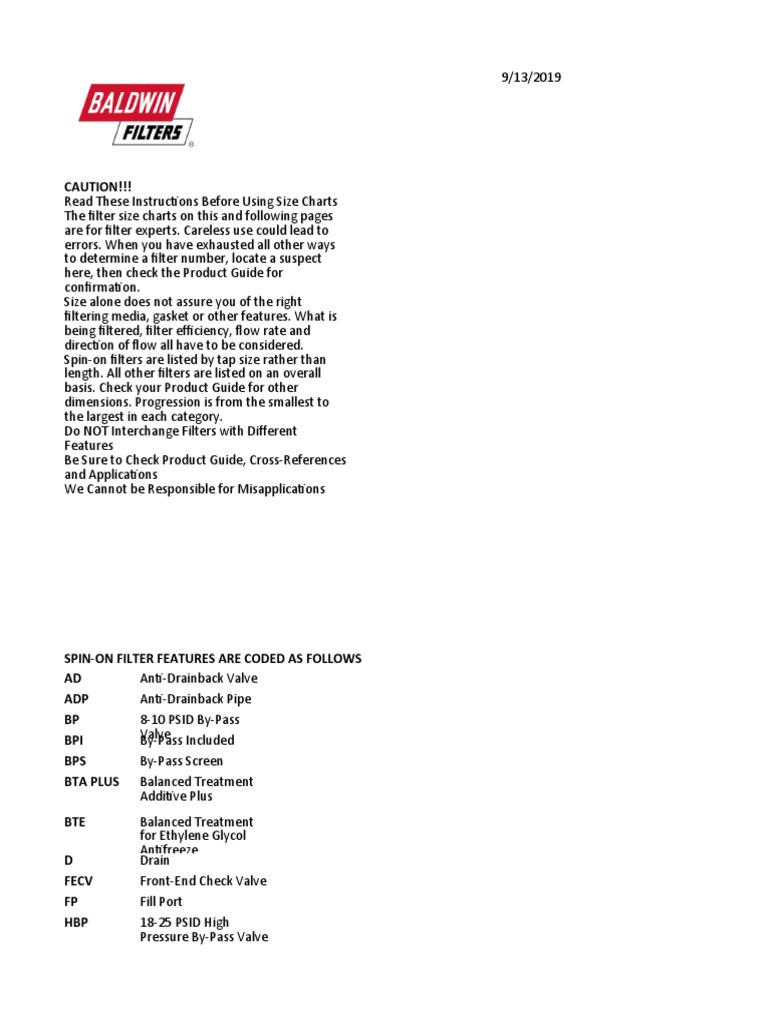 EMAM Baldwin Filter Size Charts PDF Mechanical Engineering