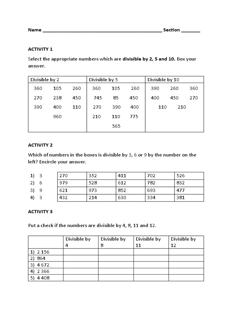 Wsheet Divisibility | PDF