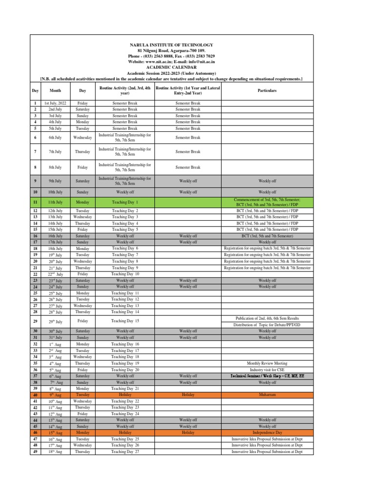Academic Calendar NIT 202220231 PDF Academic Term Educational