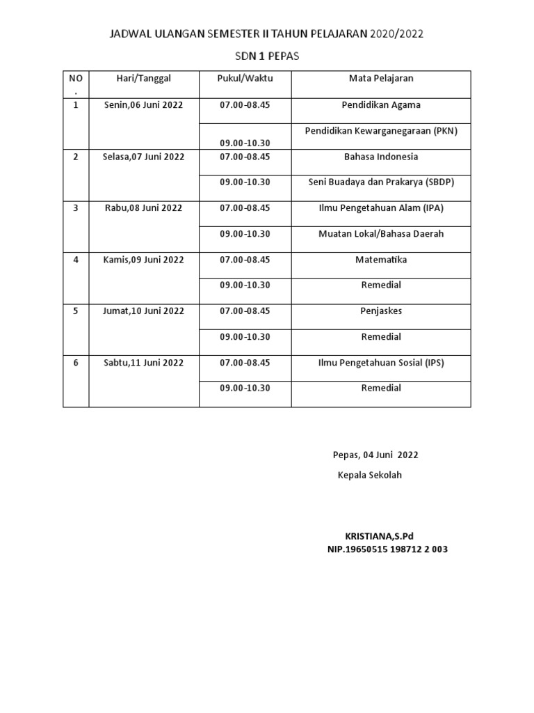 Jadwal Ulangan Semester Ii Tahun Pelajaran 2020 | PDF