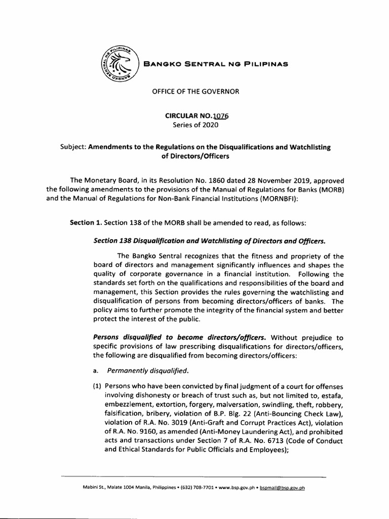 BSP Cir. 1076 - Amendments To Regulations | PDF | Crimes | Crime & Violence
