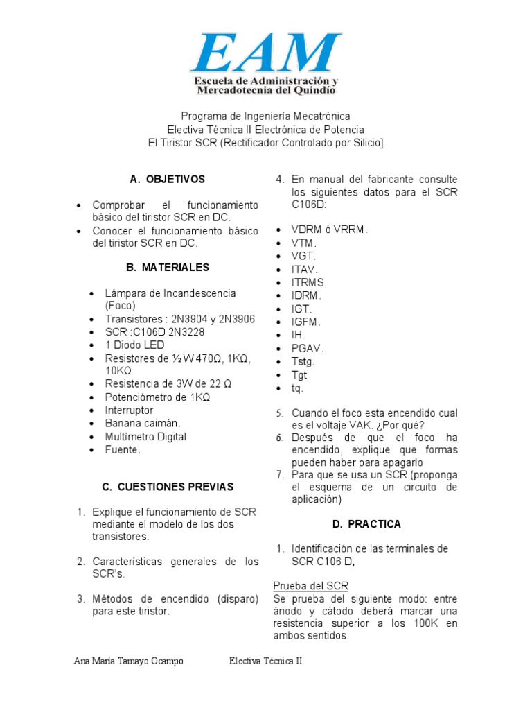 Funcionamiento del SCR C106 en DC | PDF | Energia electrica | Bienes ...