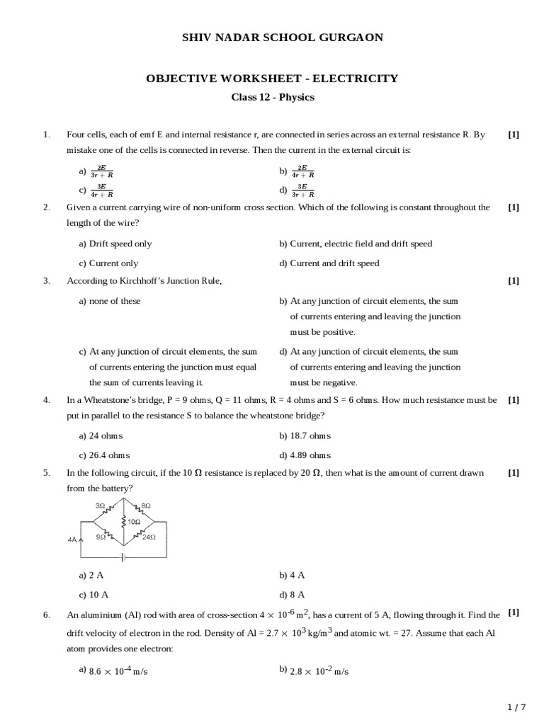 Current Electricity Objective Worksheet PDF Electrical Resistance