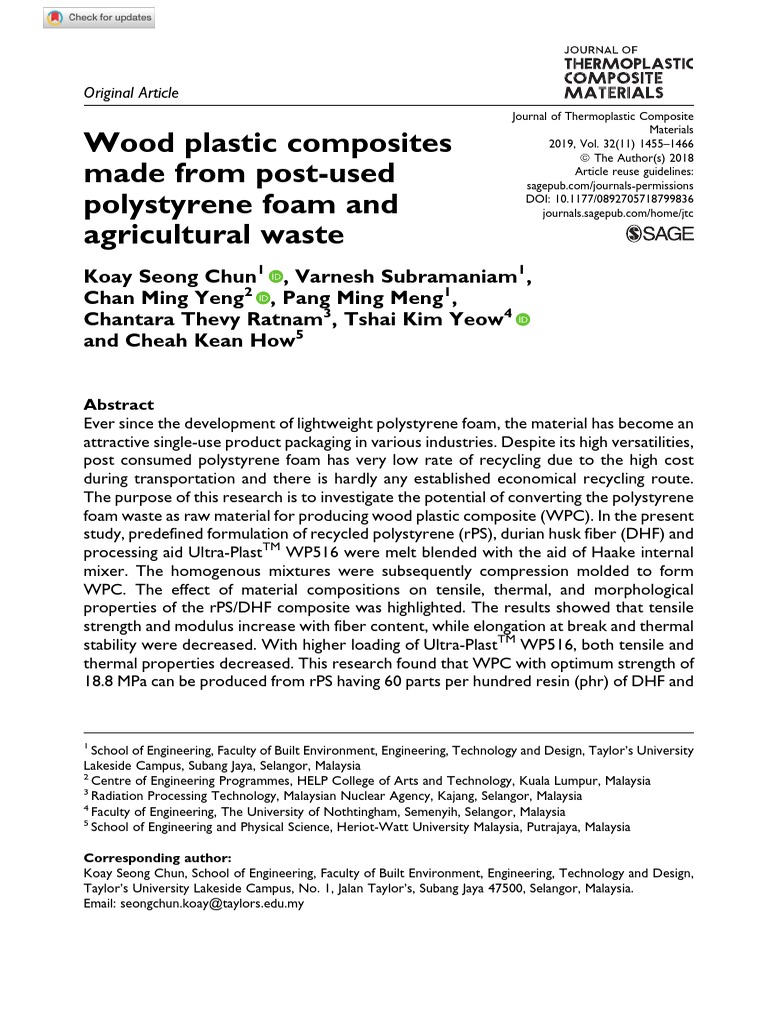 Wood Plastic Composites Made From PostUsed Polystyrene Foam and Agricultural Waste PDF