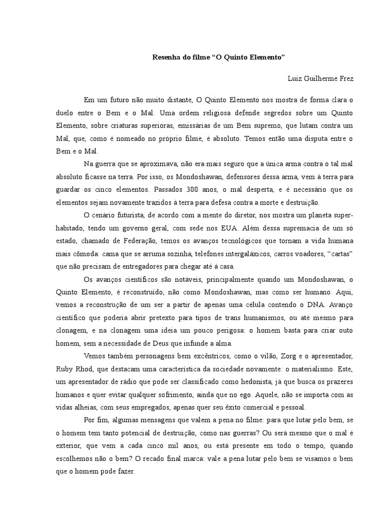 Resenha Do Filme o Quinto Elemento PDF Humano Terra