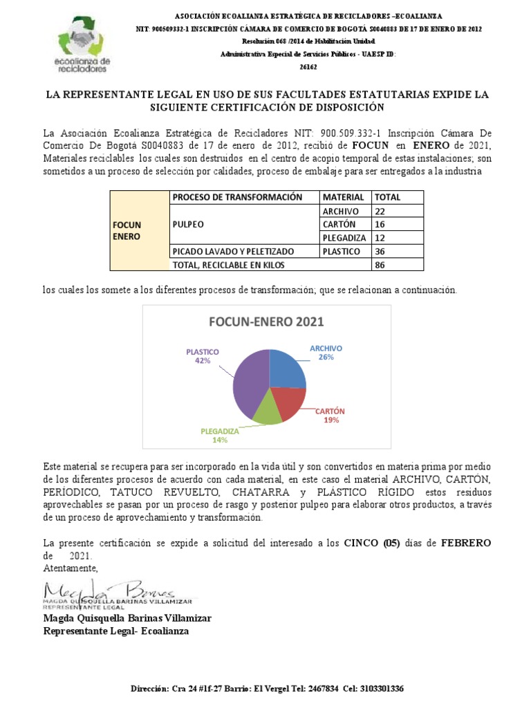 Certificación de Disposición Final Focun Ecoalianza 2021 | PDF | Cartón ...