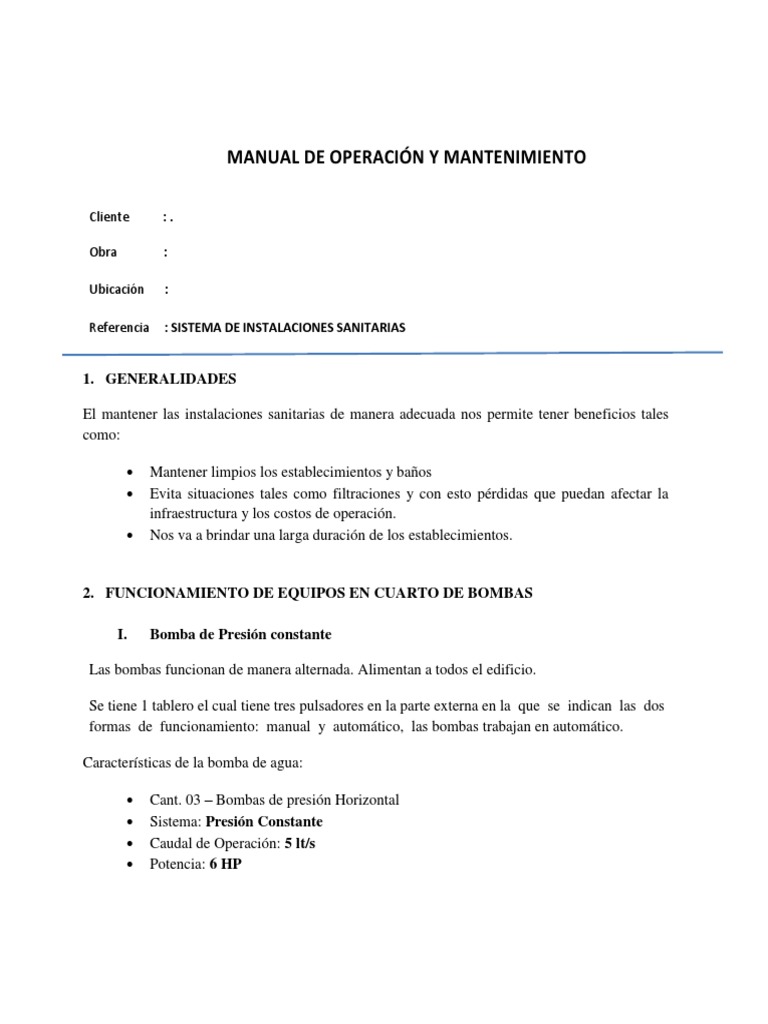 Manual de Operación y Mantenimiento Sanitario | PDF