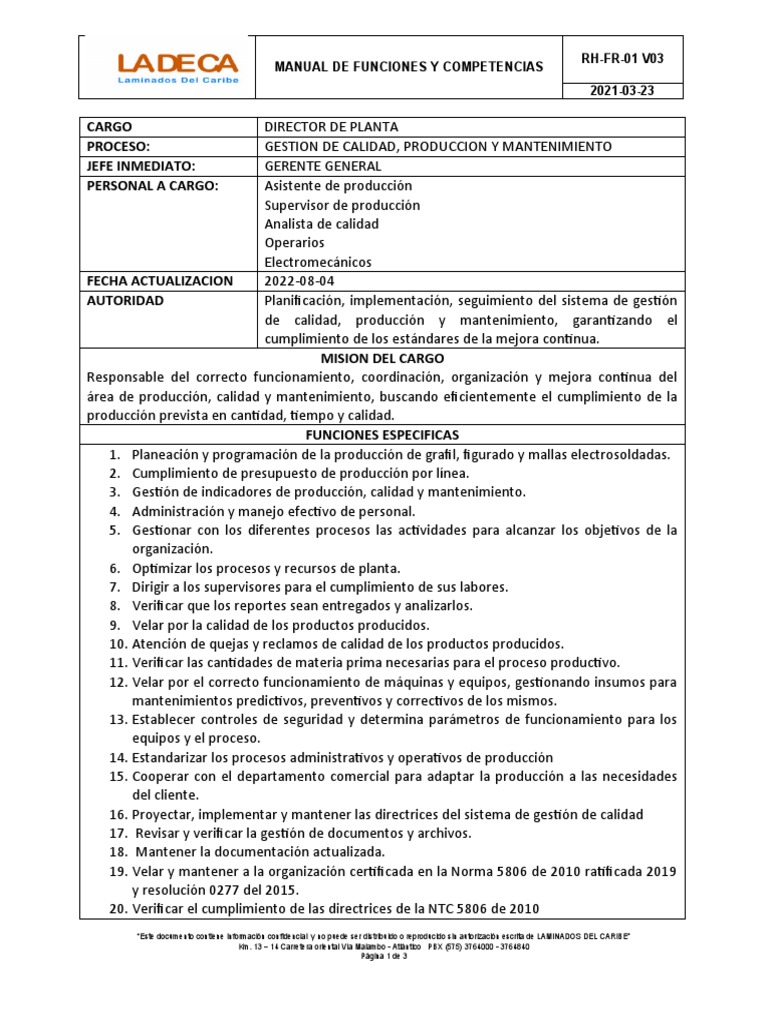 Funciones del Director de Planta | PDF | Calidad (comercial ...