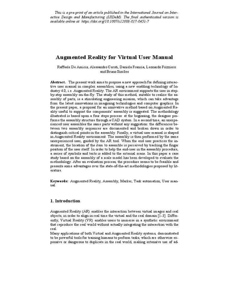 Augmented Reality For Virtual User Manual PDF Augmented Reality