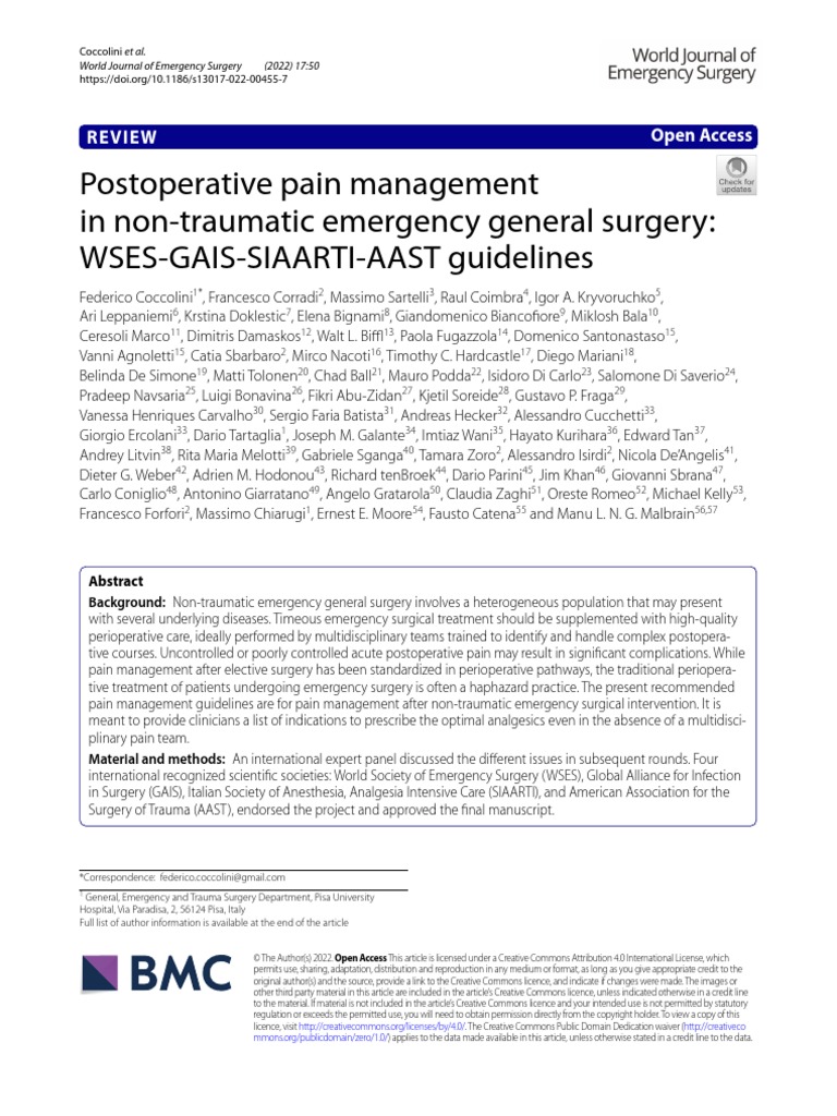 Postoperative Pain Management in NonTraumatic Emergency General Surgery WSESGAISSIAARTIAAST