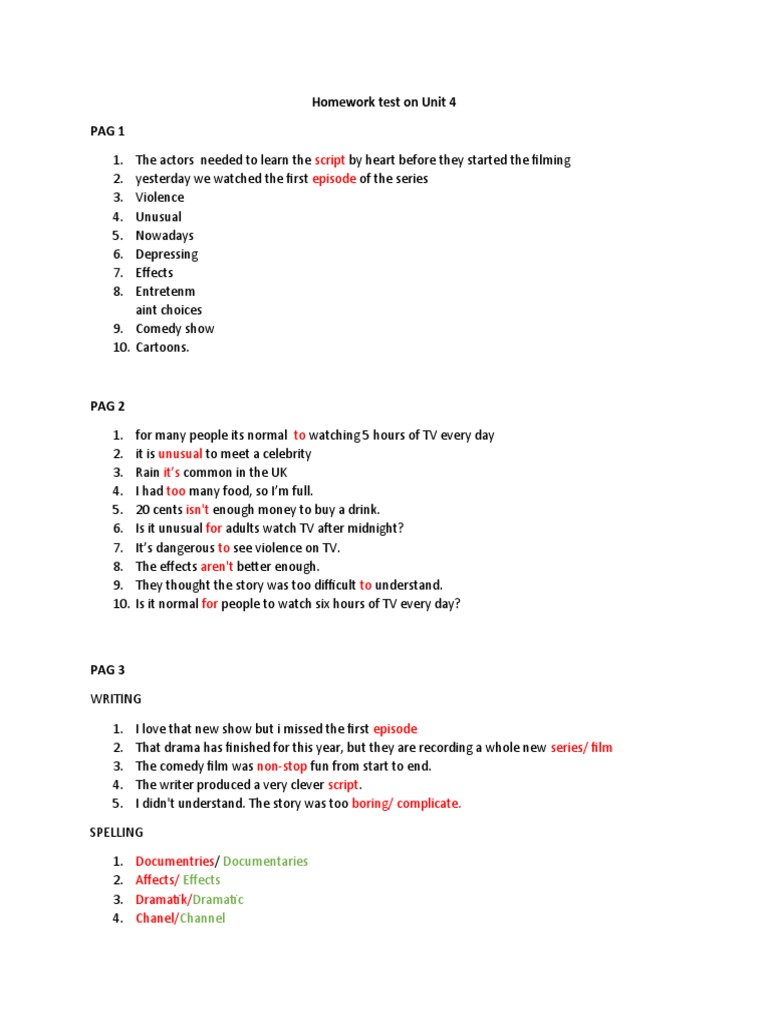 Homework Test On Unit 4 | PDF