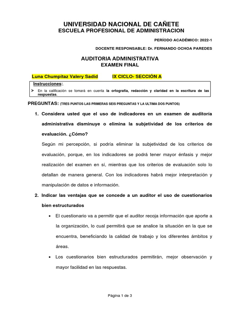 Examen Final de Auditoría Administrativa | PDF | Prueba (evaluación ...