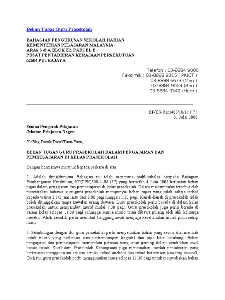 Beban Tugas Guru Prasekolah