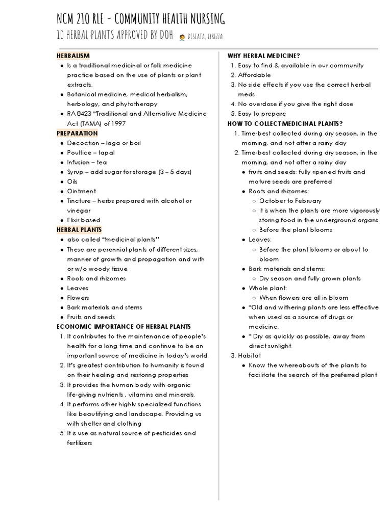 NCM 210 RLE 10 Herbal Plants Approved by DOH PDF Flowers Plants