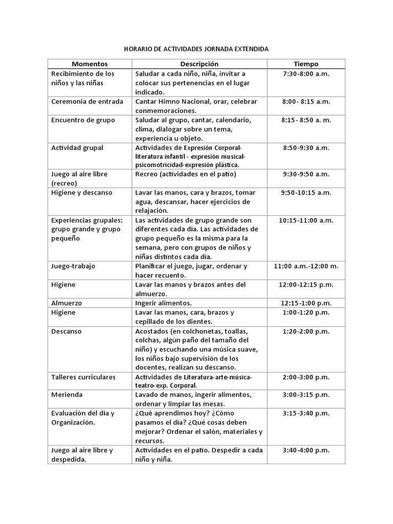 Horario de Actividades Jornada Extendida Nivel Inicial | PDF | Higiene