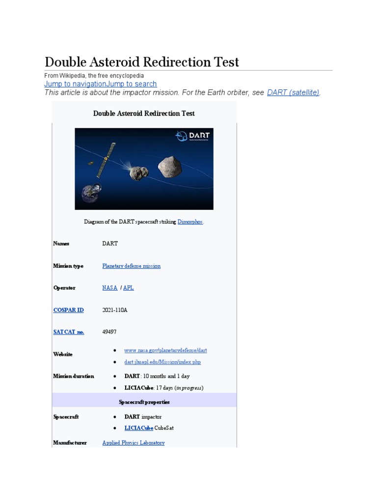 Double Asteroid Redirection Test Download Free PDF Outer Space