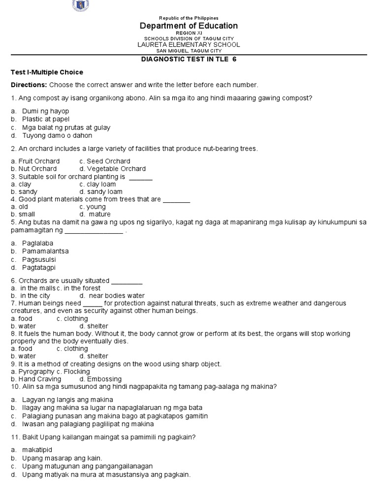 Diagnostic Test on TLE Subjects for Laureta Elementary School Students