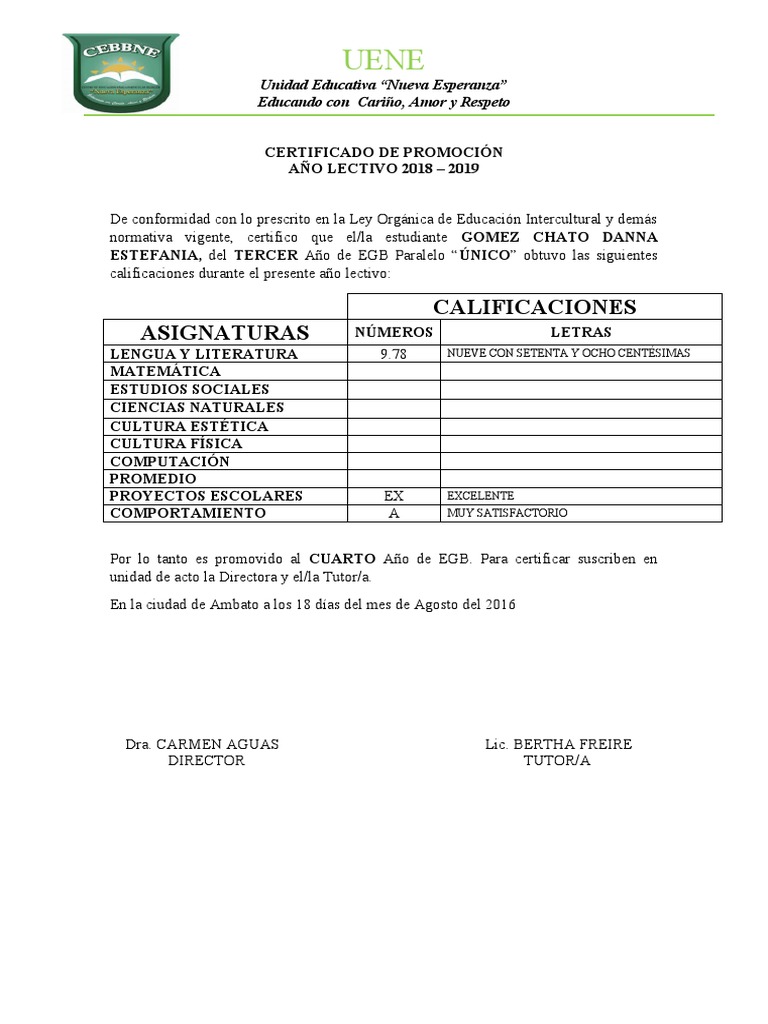 Certificado de Promoción Escolar 2019 | PDF