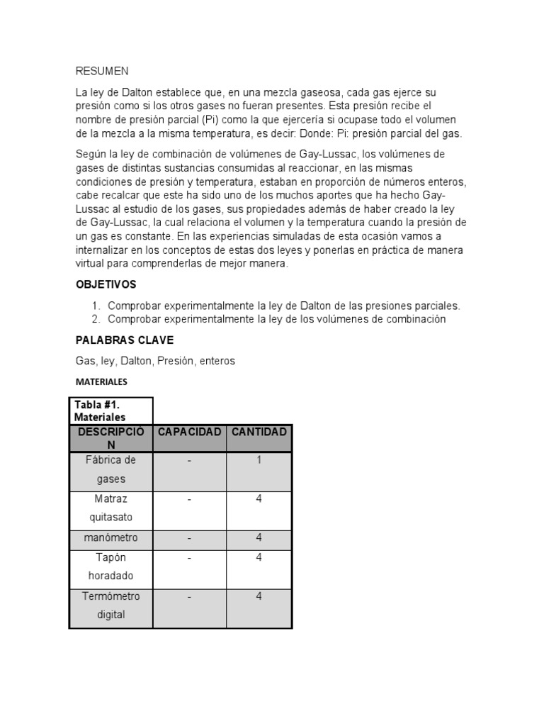 Laboratorio de La Ley de Dalton y Volumenes de Combinacion | PDF | Mole ...